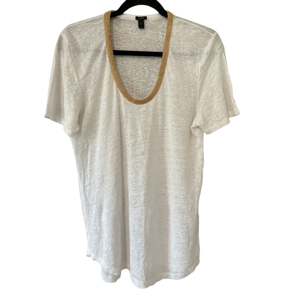 J. CREW White Linen Semi Sheer w/ Metallic Beaded Neckline Short Sleeve, size M - Picture 2 of 9